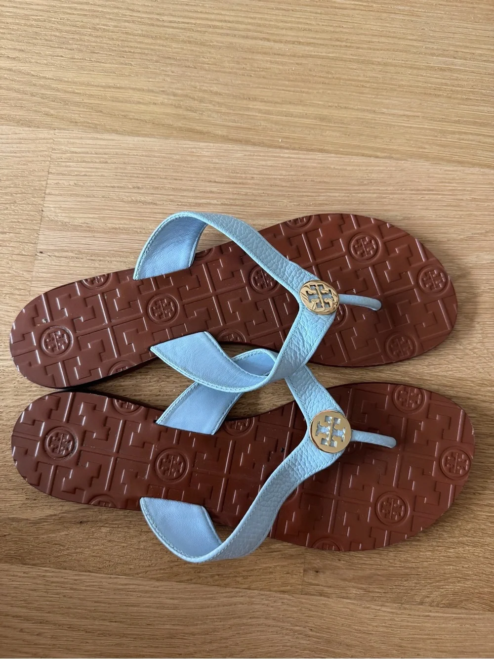 Tory Burch Light Blue Leather Logo Thong Sandals